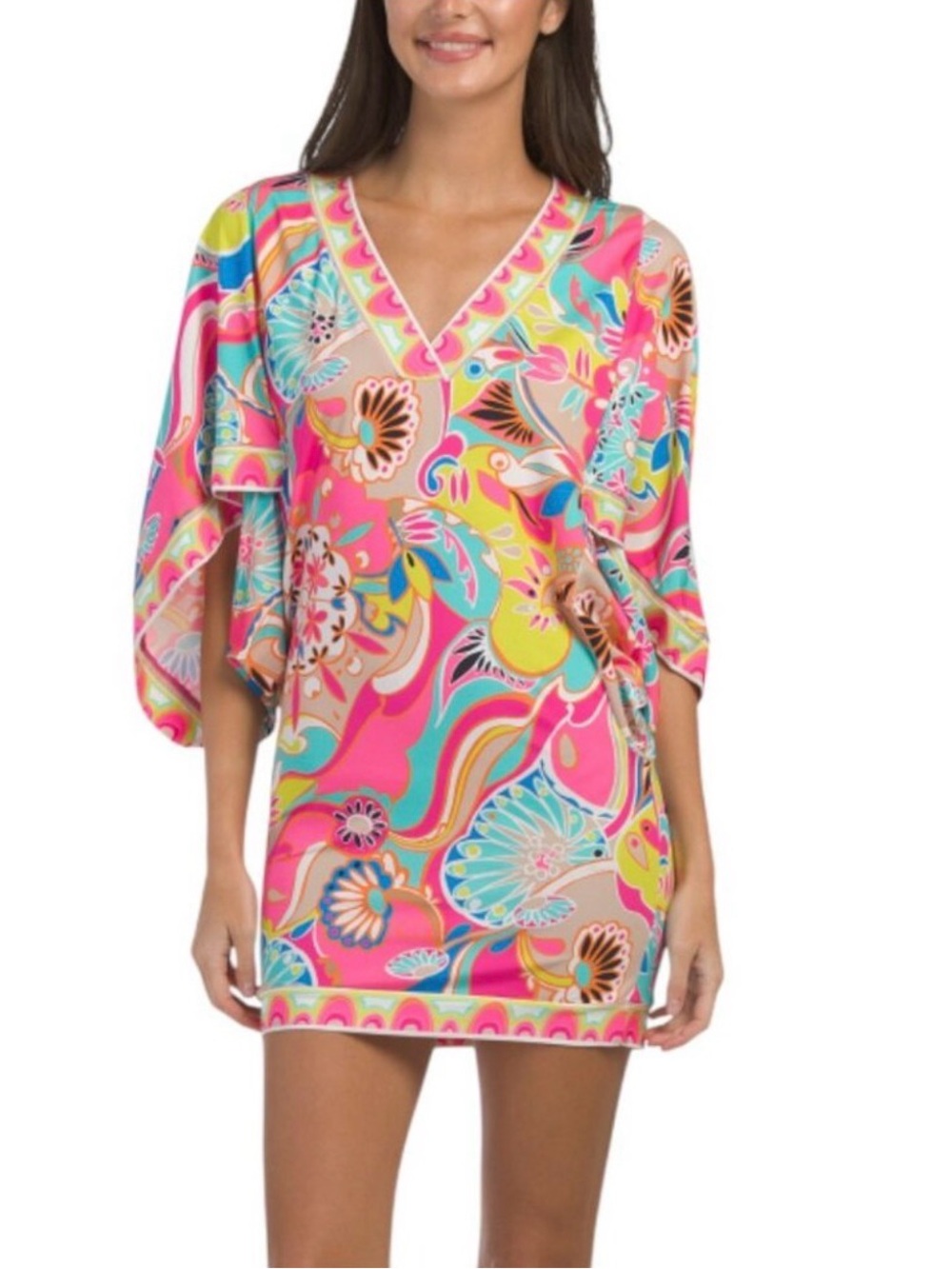 Trina Turk Pink Multicolor Floral V‑Neck Swim Cover-Up